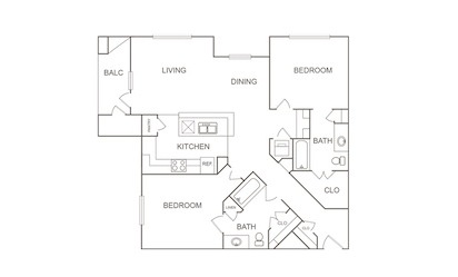 B1 - 2 bedroom floorplan layout with 2 bath and 1205 square feet